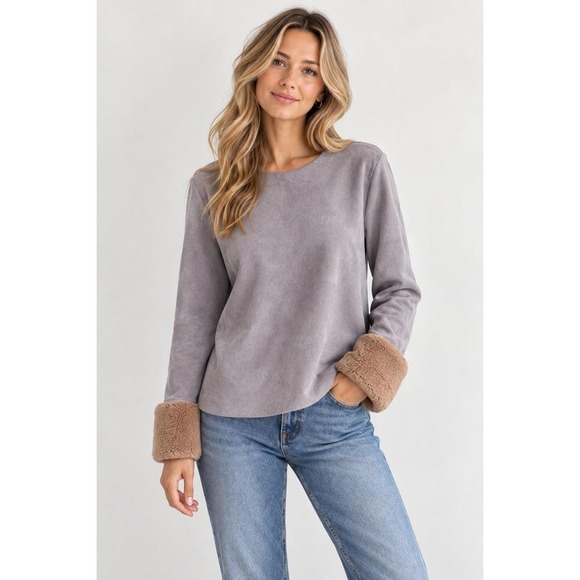 Zara Tops - Zara Faux Suede Fur Cuff Top Gray Taupe Long Sleeve Y2K Boho Size M